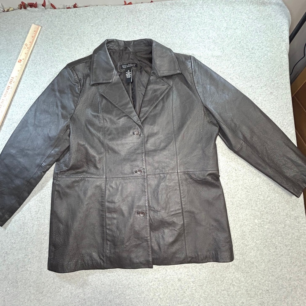 Dialogue Leather Blazer‎ Womens XL Dark Brown Excellent 3-Button Lined Jacket